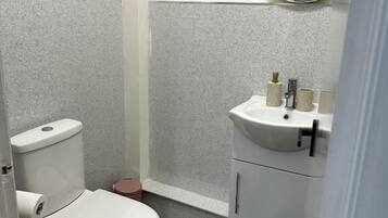 Une petite salle de bain avec des toilettes, un lavabo et un miroir.
