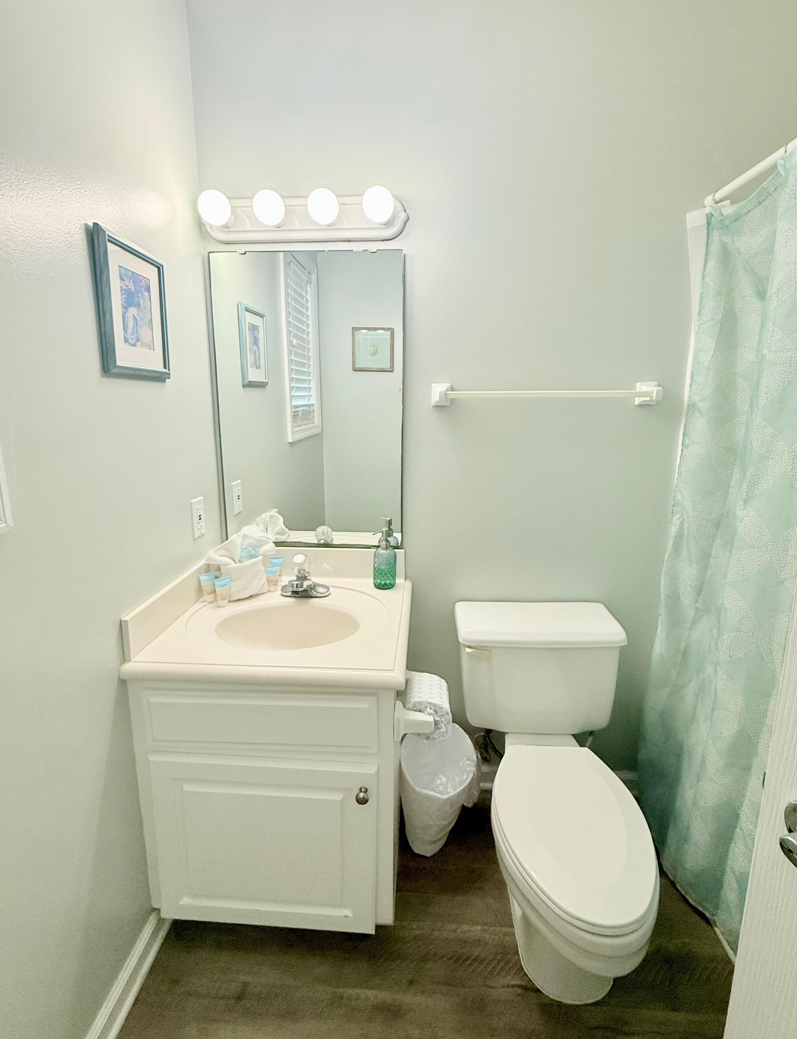A bathroom with a vanity, sink, mirror, and toilet.