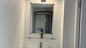 A bathroom with a white vanity, a mirror, a glass shelf with a small plant, and a shower enclosure. - Au pré du Puy (Chanverrie)