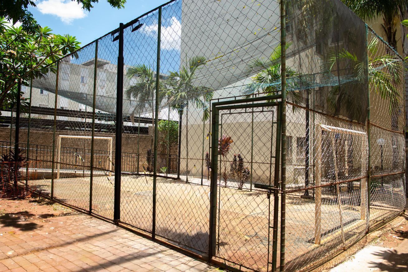Un espace extérieur clos, comprenant un terrain de basket, des palmiers et un bâtiment en arrière-plan.