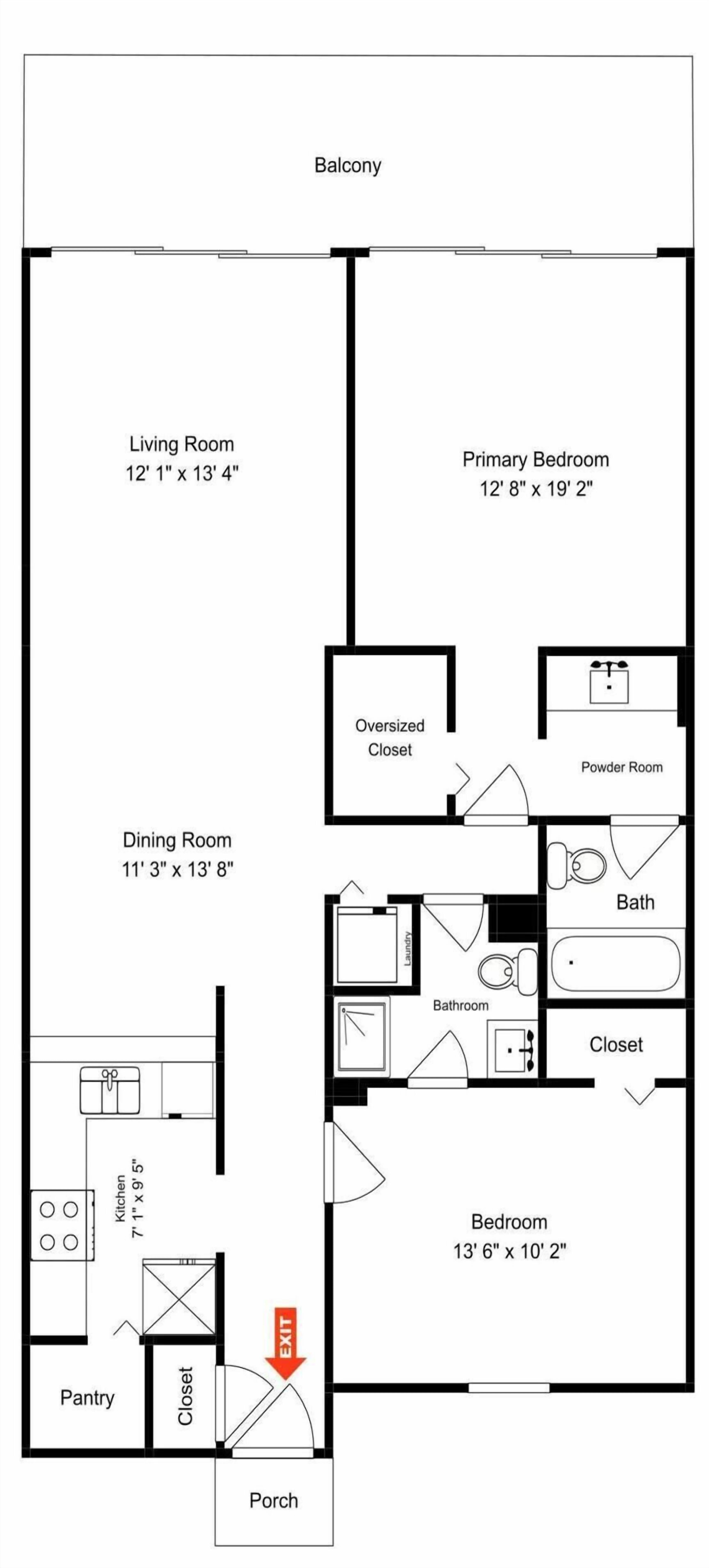 A floor plan of an apartment with a balcony, living room, primary bedroom, dining room, kitchen, bathroom, and a bedroom.