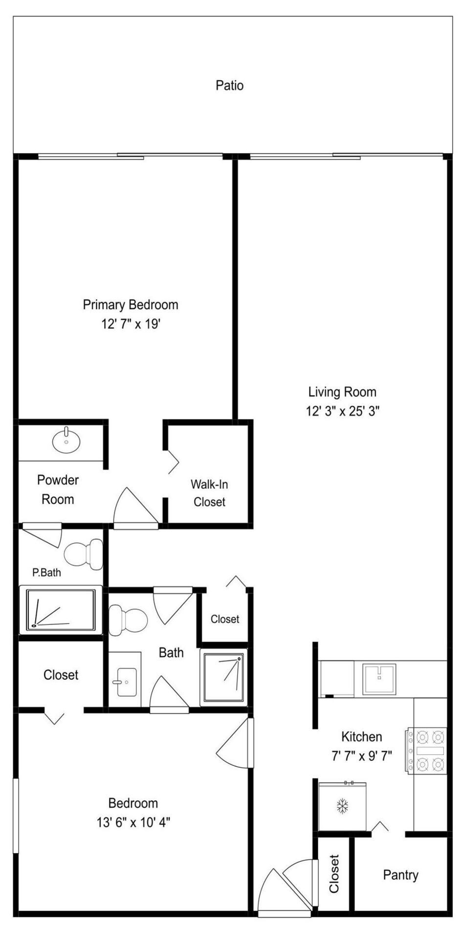 A floor plan with a patio, primary bedroom, living room, powder room, walk-in closet, P.Bath, bathroom, closet, kitchen, pantry, and a bedroom.