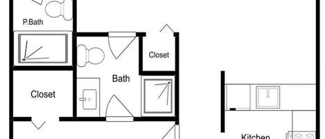 A floor plan with a patio, primary bedroom, living room, powder room, walk-in closet, P.Bath, bathroom, closet, kitchen, pantry, and a bedroom.