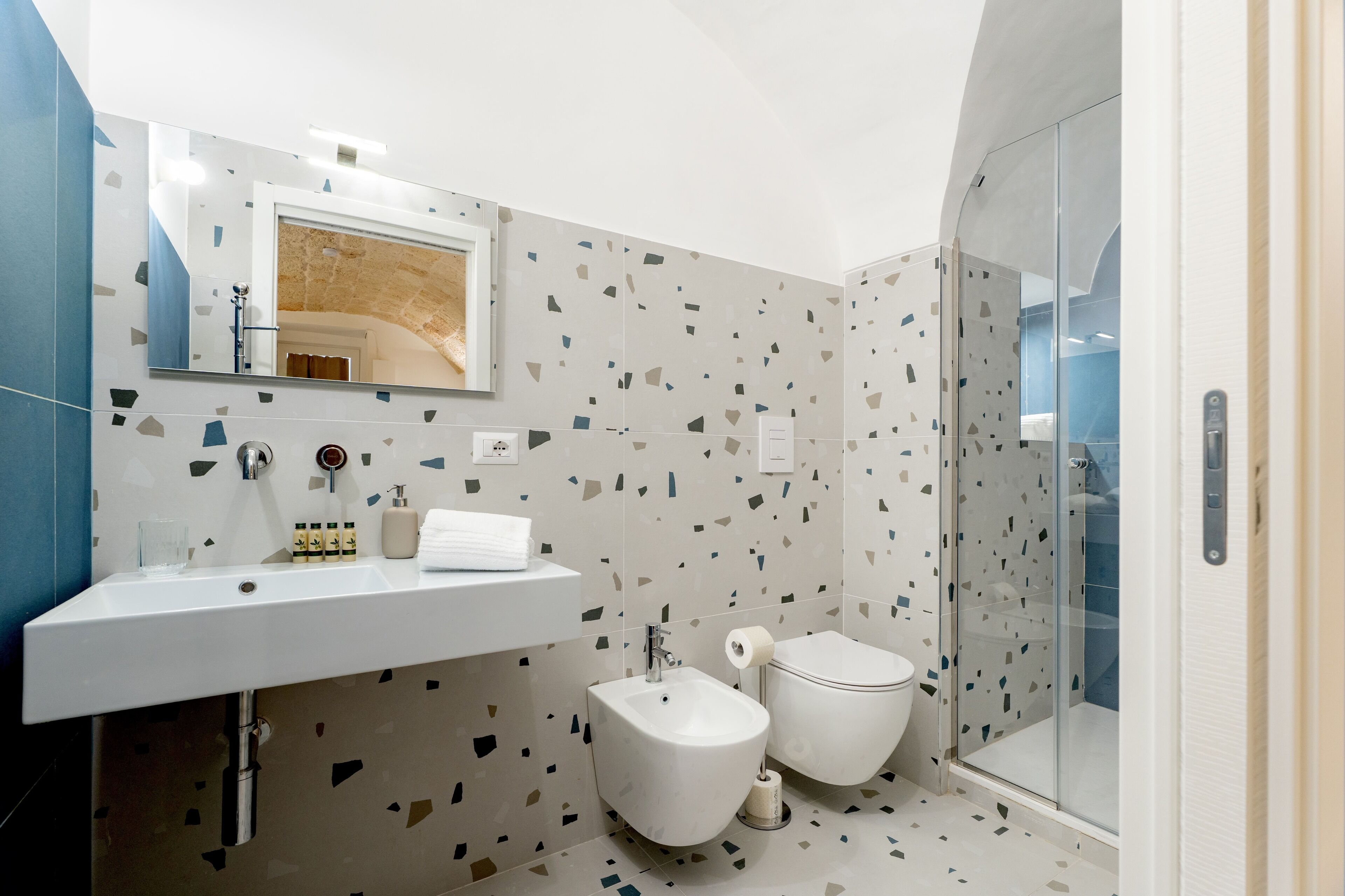 Shower, hair dryer, bidet, towels