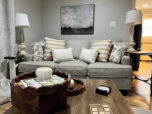 Smart TV, fireplace, DVD player, books