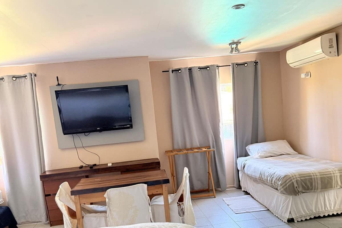 Una habitación de hotel con dos camas, un televisor montado en la pared, un escritorio y una silla.