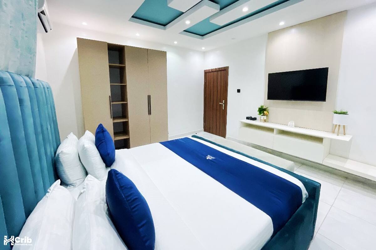 A modern bedroom with a bed, wardrobe, TV, and a small plant.