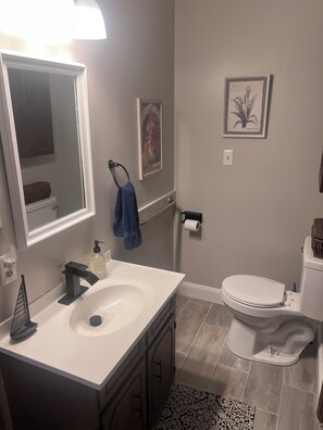Hair dryer, towels, soap, toilet paper