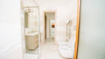 Regadera, secadora de cabello, bidet, toallas
