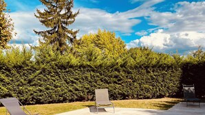 A rectangular swimming pool with two lounge chairs, surrounded by a hedge and trees, under a partly cloudy sky. - Charming family home in the heart of Périgord Noir, between Lascaux and Sarlat. (La Chapelle-Aubareil)