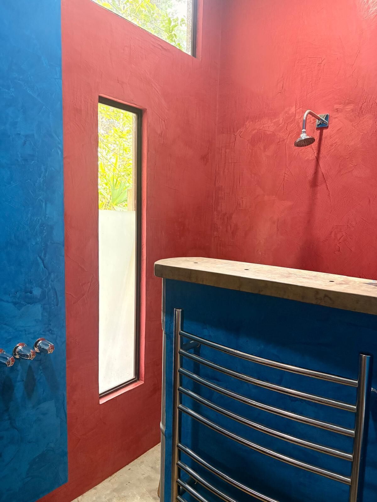 A bathroom with a red and blue color scheme, a showerhead, and a window.
