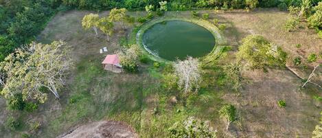 An aerial view of a rural area with a pond, a small structure with a red roof, and scattered trees.