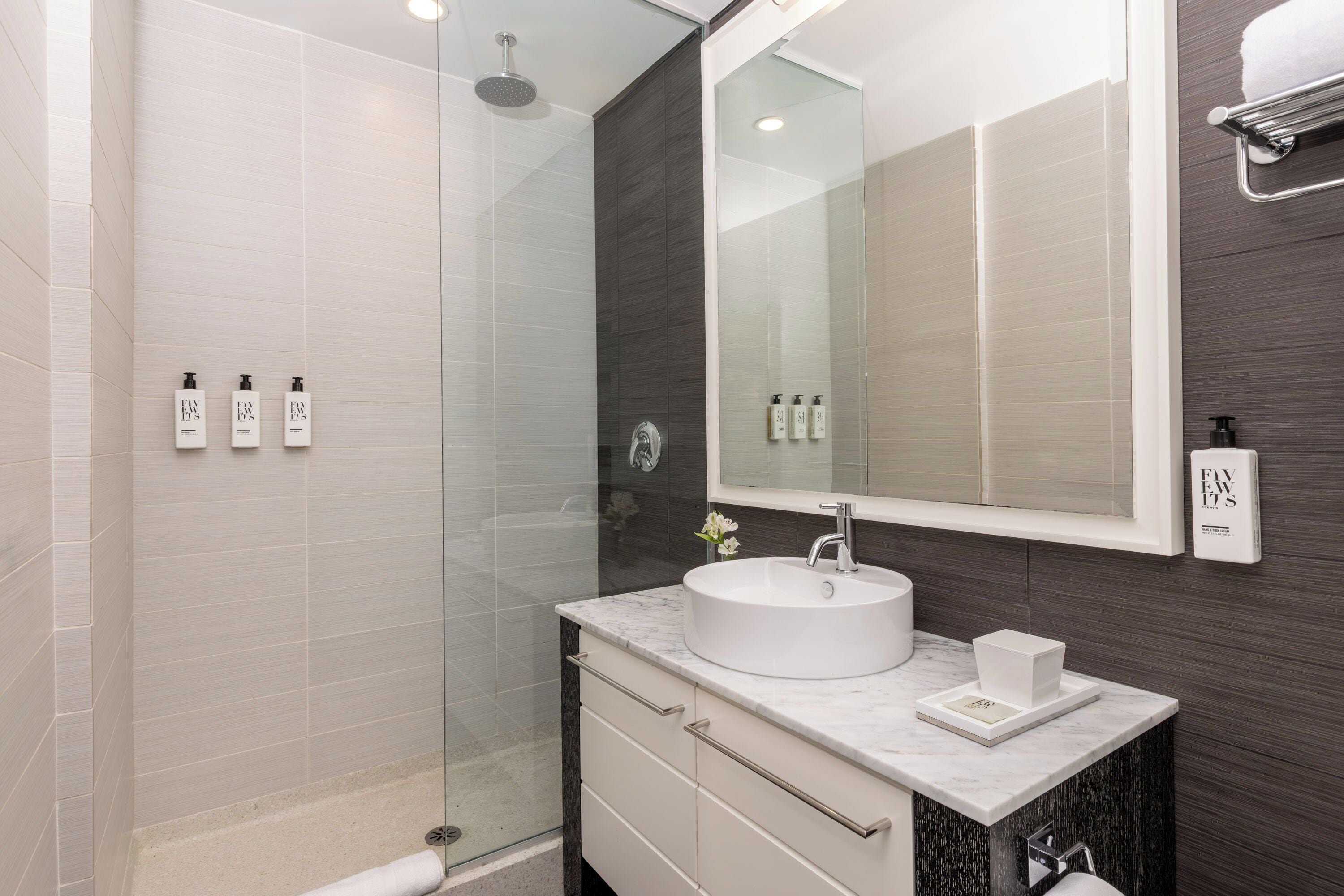 A modern bathroom with a glass shower enclosure, a white sink, and a large mirror.