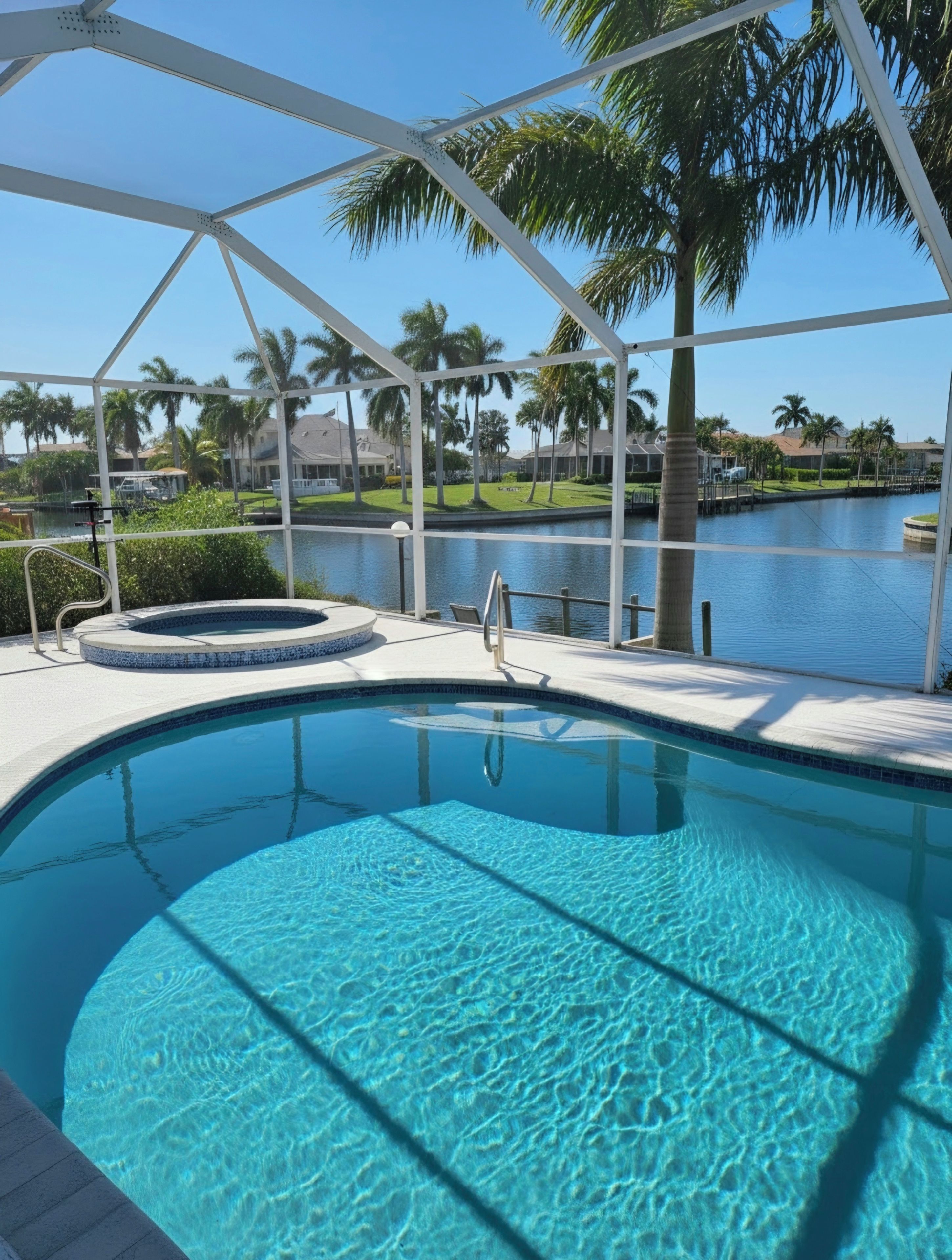 A clear swimming pool with a view of a lake and palm trees.
