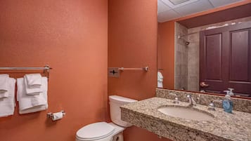 Shower, hair dryer, towels, toilet paper
