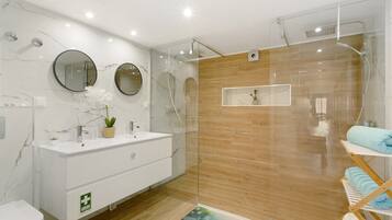 Shower, hair dryer, towels