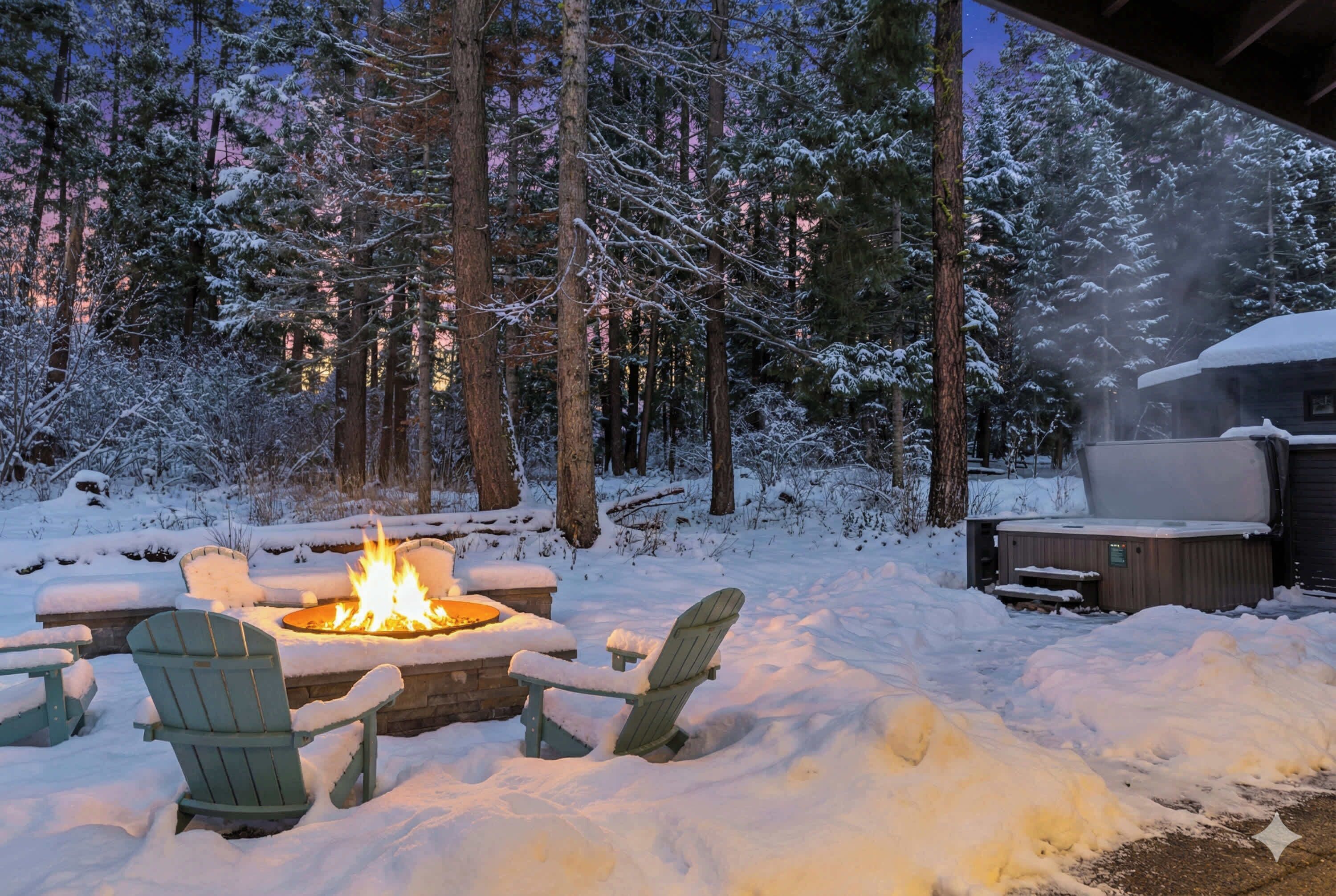Un espace extérieur enneigé, doté d’un foyer et de fauteuils Adirondack.