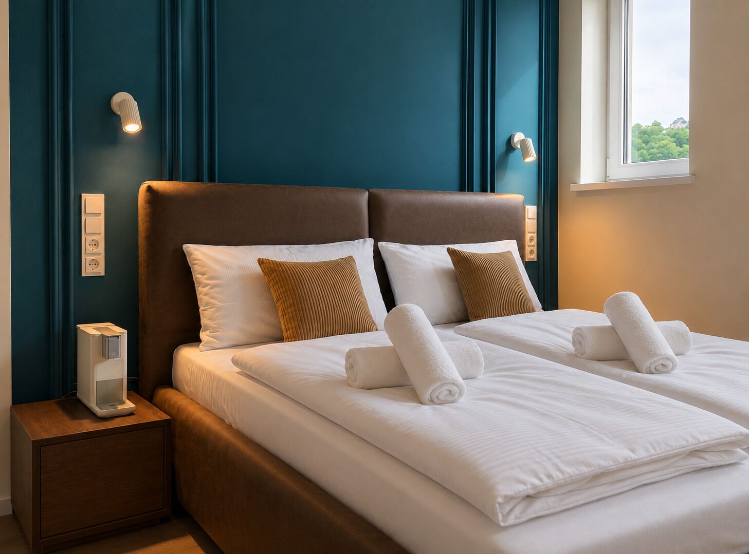 A neatly made double bed with white linens and two rolled towels, a brown headboard, and a bedside table with a lamp.