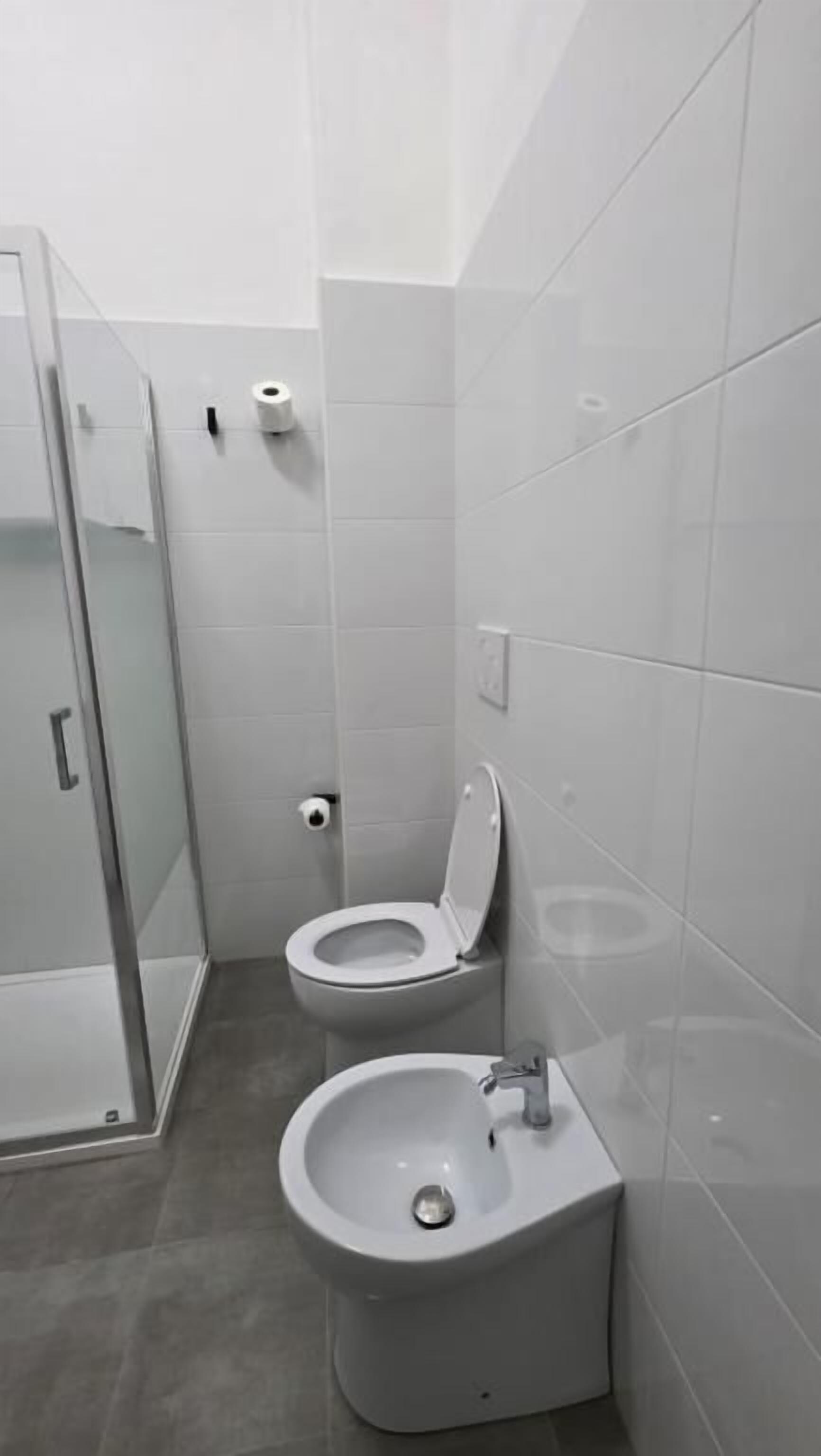 A modern bathroom with a glass shower enclosure, a toilet, and a bidet.