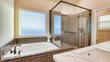 Hair dryer, towels, soap, shampoo