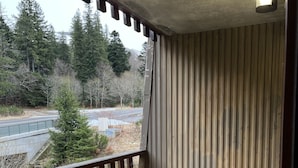 A balcony with a wooden railing, a corrugated metal wall, and a concrete floor.