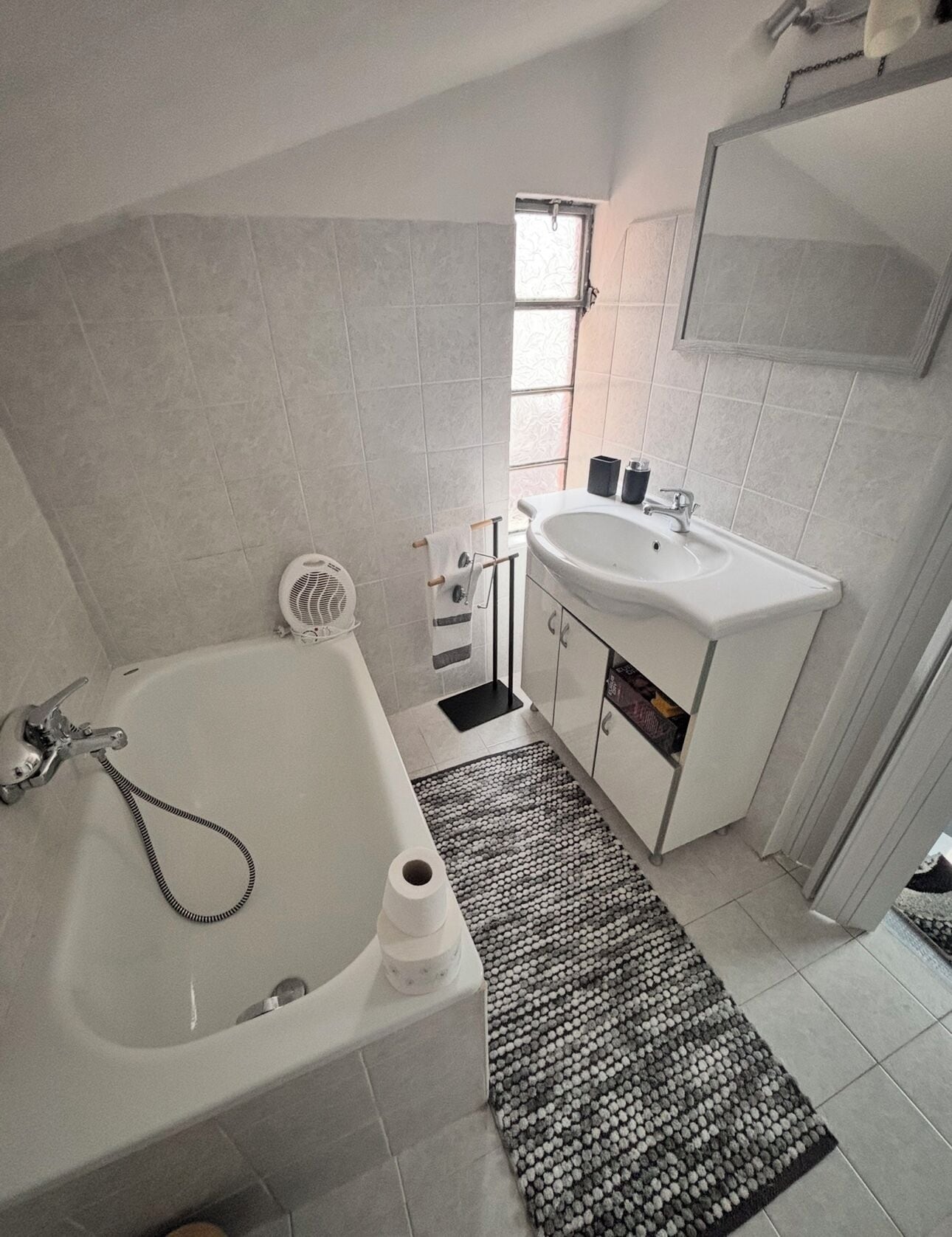 Hair dryer, towels, soap, toilet paper