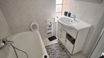 Hair dryer, towels, soap, toilet paper