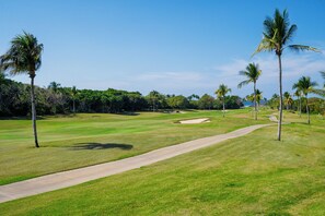 Un parcours de golf avec des allées bien définies, des palmiers et une vue lointaine sur une étendue d’eau.