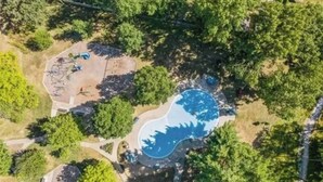 Vista aérea de um bairro residencial com uma piscina cercada por árvores.