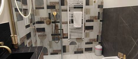Shower, hair dryer, bidet, towels