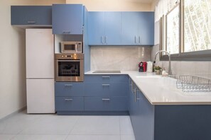 A modern kitchen with blue cabinets, a stainless steel oven, a microwave, and a sink. - Port city haifa - 1 bdrm apt Near beach 2 (Haifa)