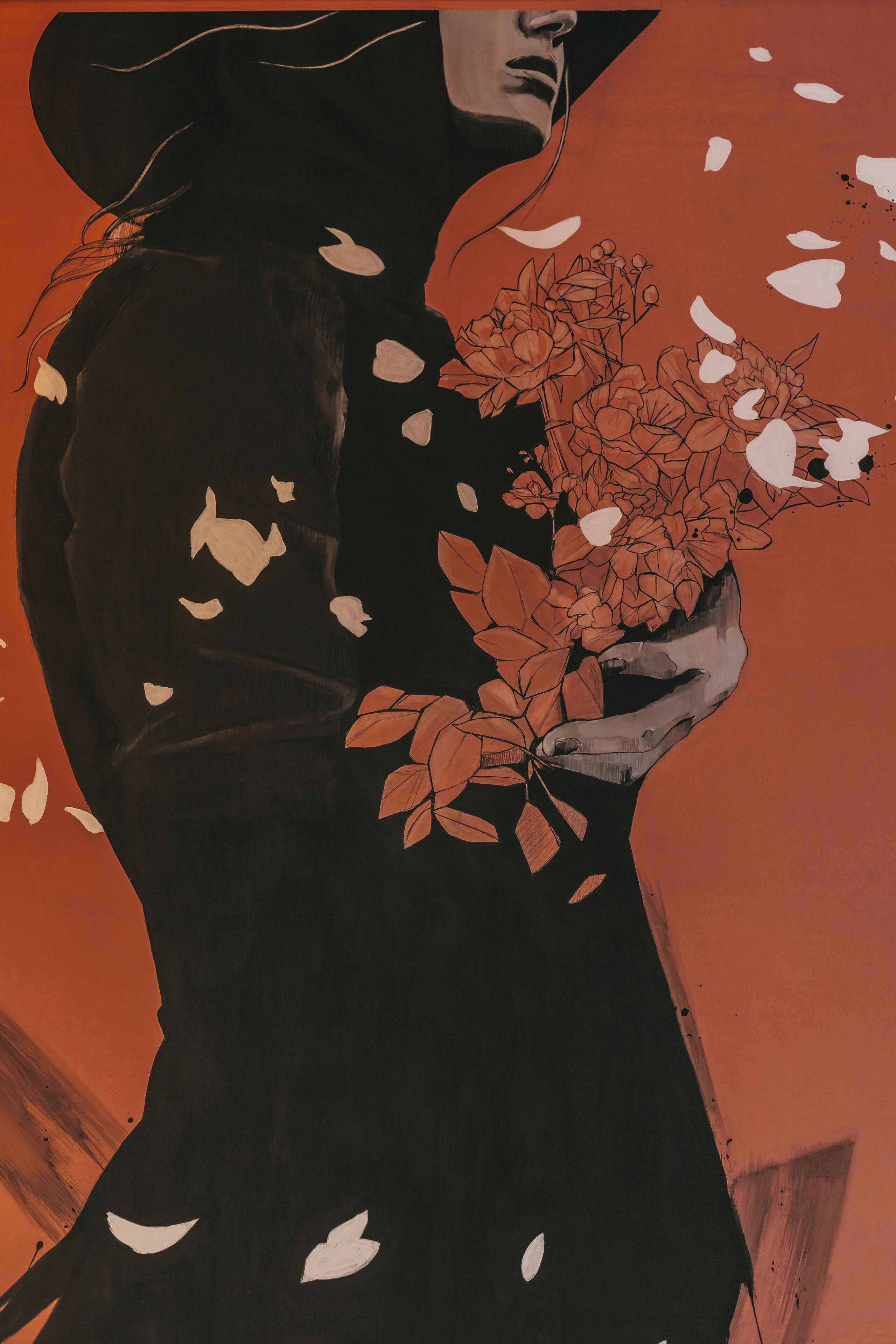 A stylized illustration of a person holding a bouquet of flowers.