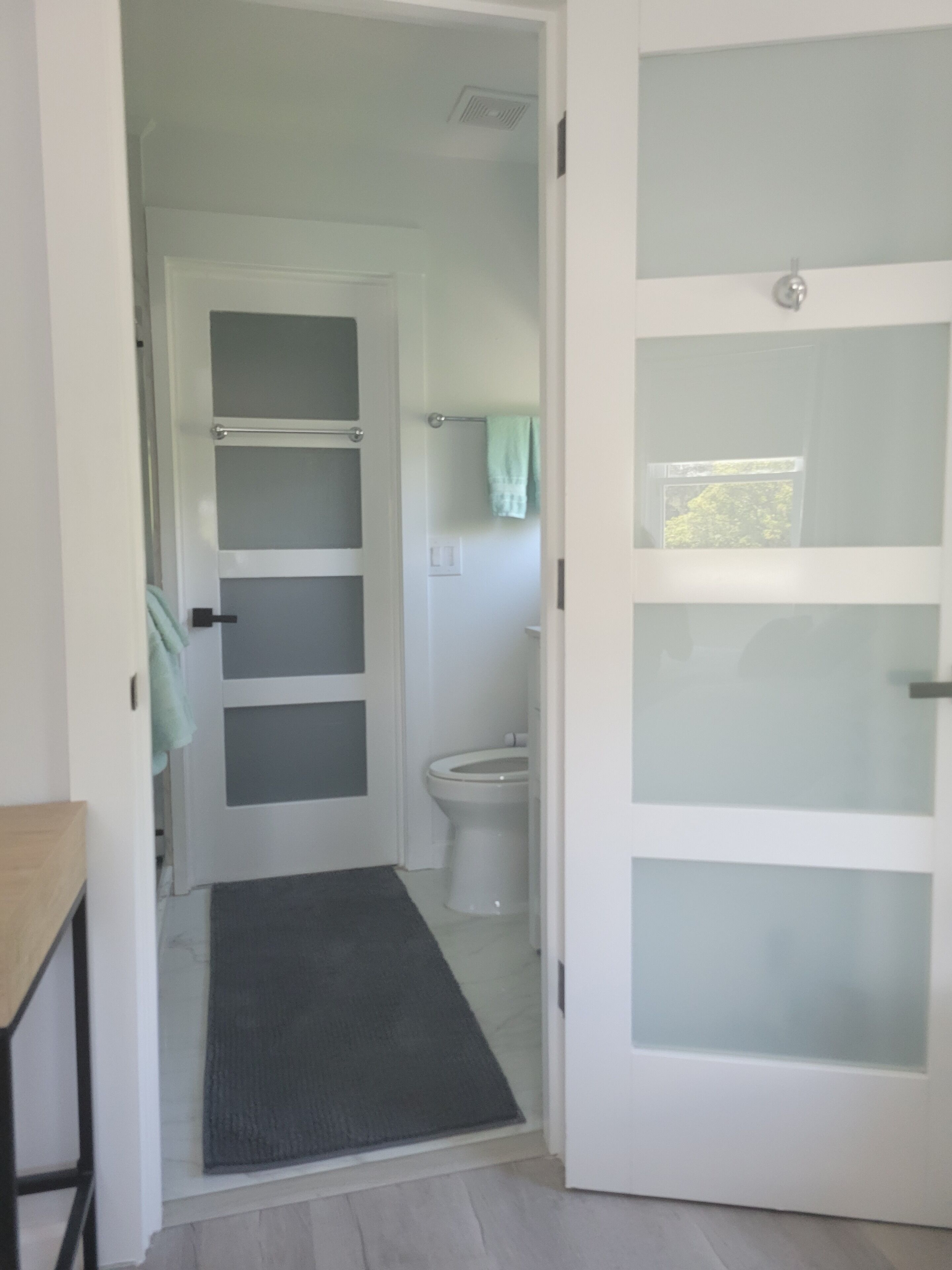 Hair dryer, towels, soap, toilet paper