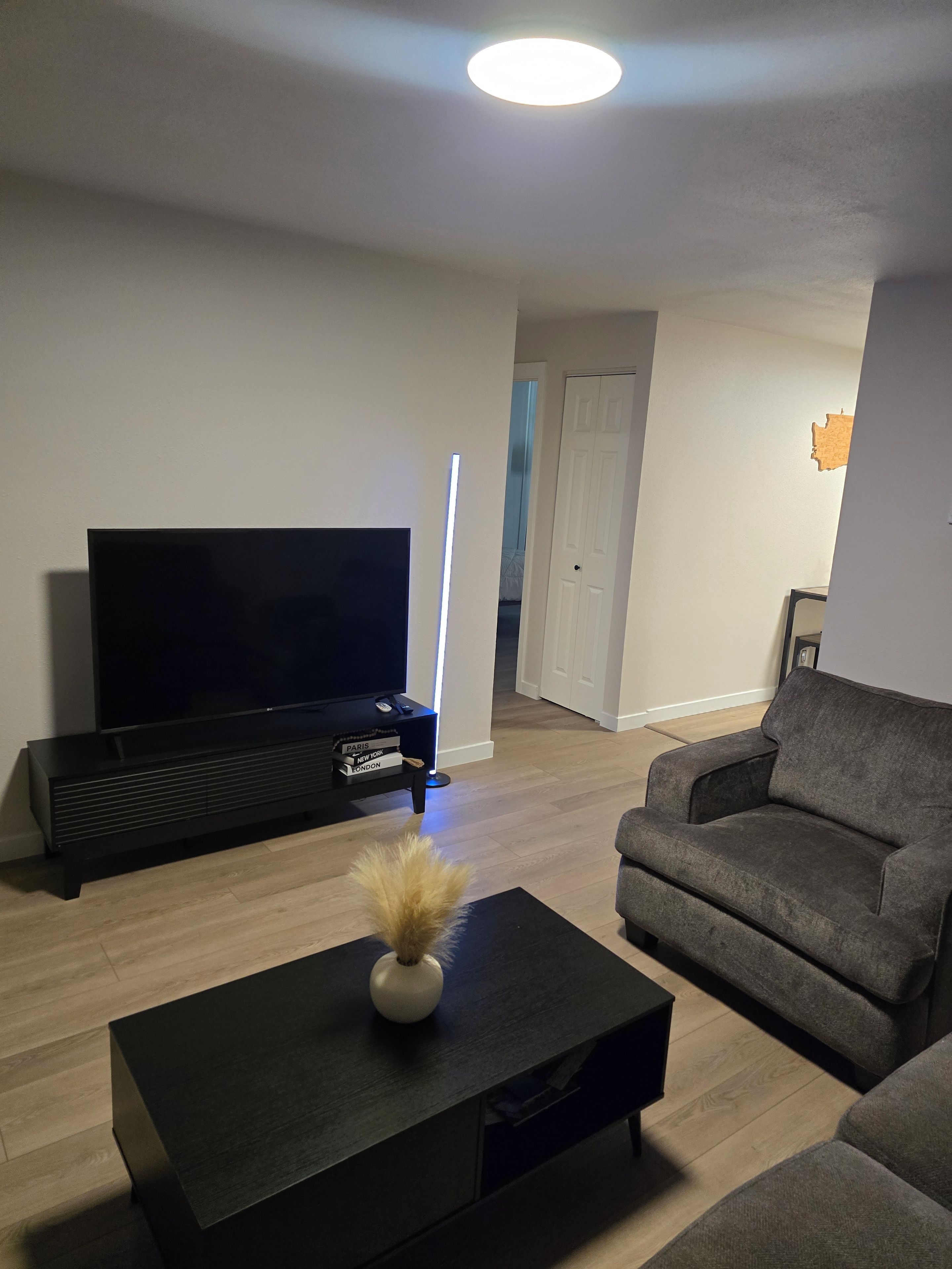 A living room with a flat-screen TV, a black entertainment unit, a gray sofa, and a coffee table with a decorative vase.