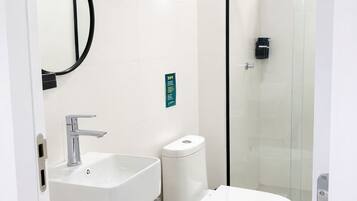 Habitación doble ejecutiva | Baño | Regadera, secadora de cabello, toallas, jabón