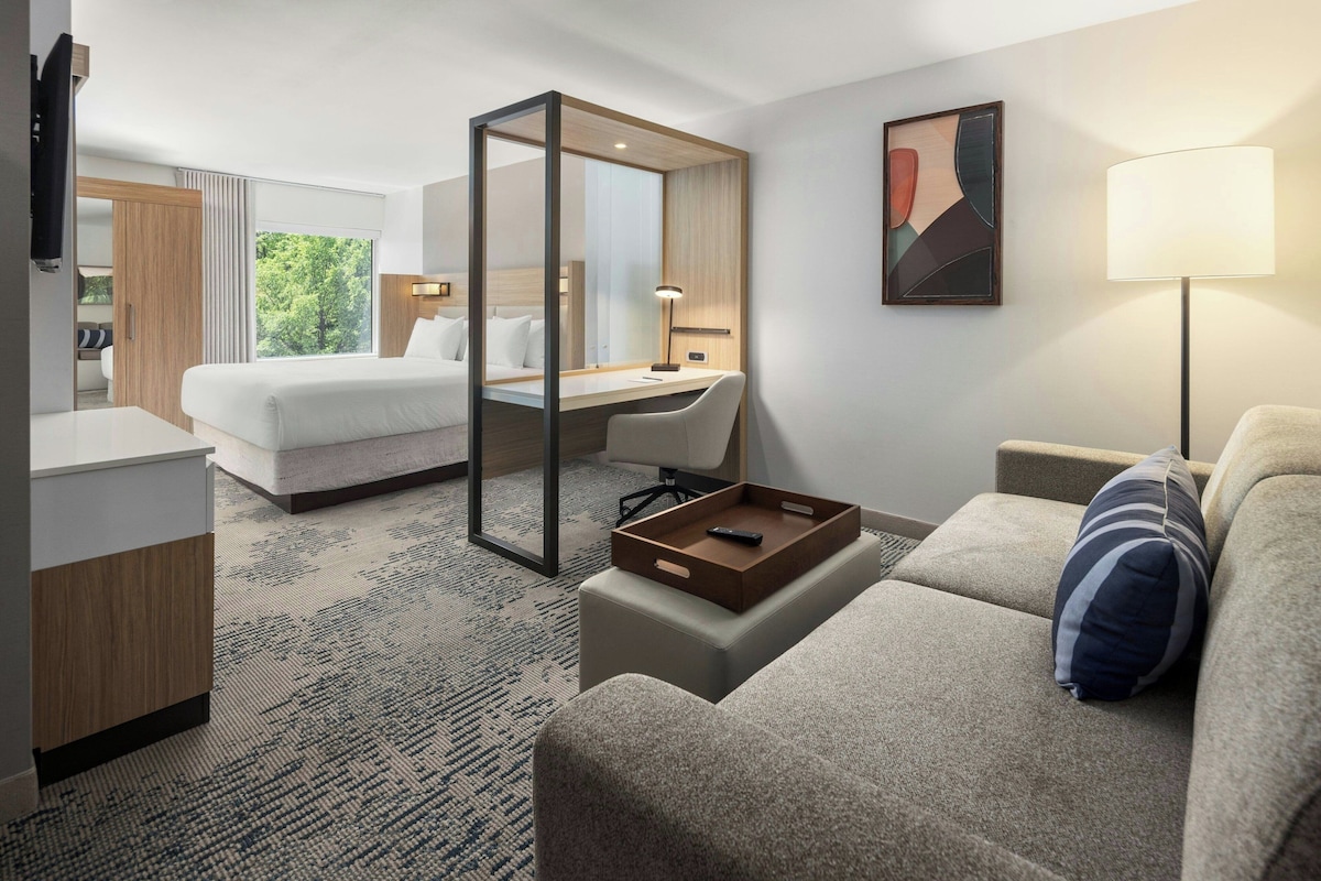 A hotel room with a bed, desk, chair, and a sofa.