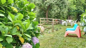 A garden area with a wooden fence, plastic chairs, and lush greenery.