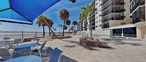 A rooftop pool area with lounge chairs and umbrellas, surrounded by palm trees and a modern building with balconies.