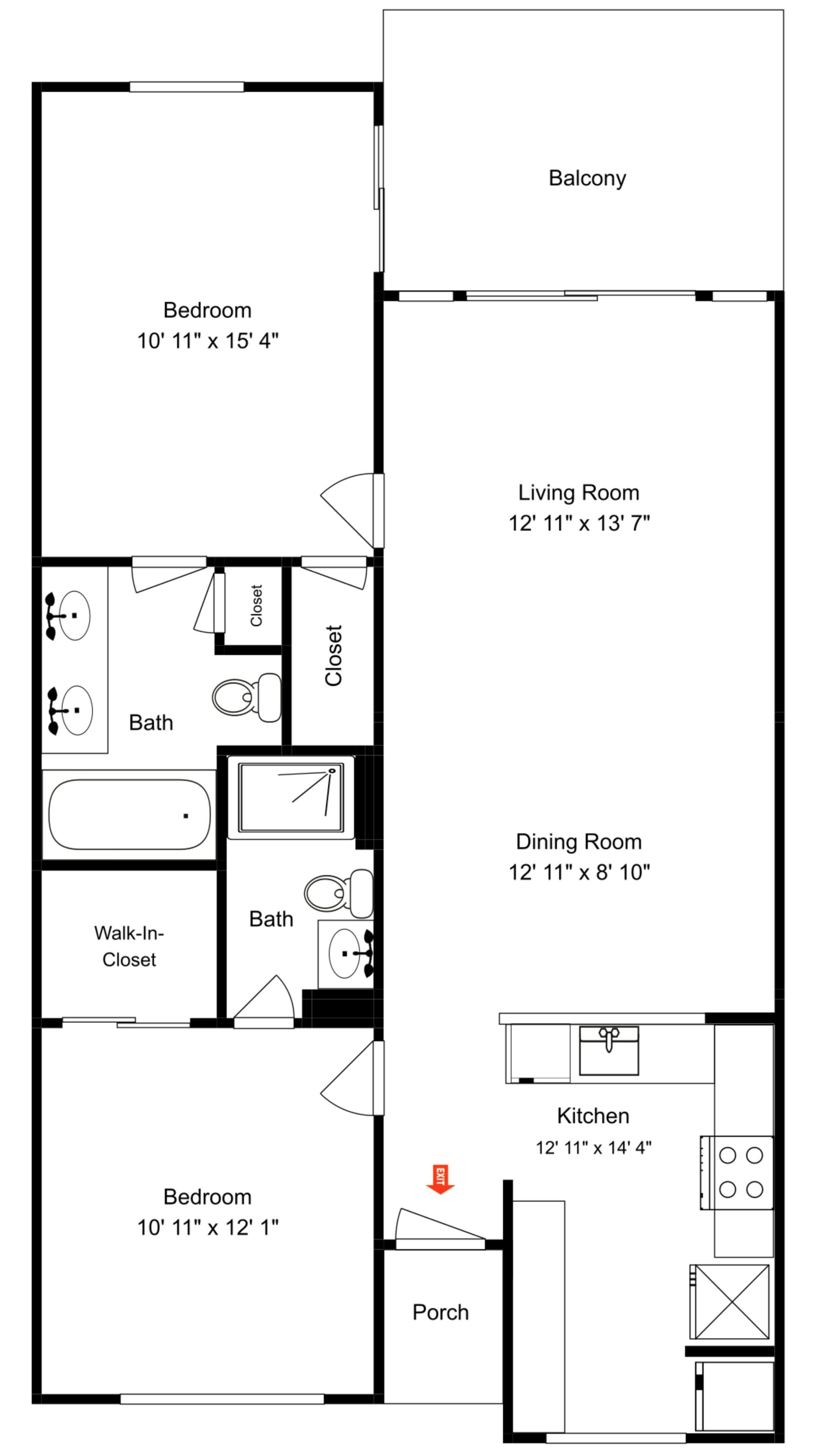 Grundriss mit zwei Schlafzimmern, einem Wohnzimmer, einem Esszimmer, einer Küche, einem Badezimmer und einem Balkon.