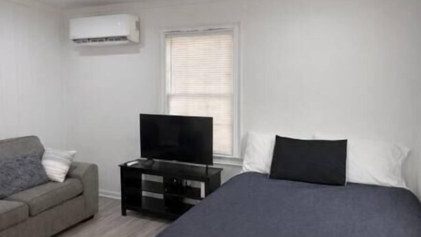 A bedroom with a bed, a TV on a stand, a sofa, and a window with blinds. - Rawson Circle Cottage (Albany)