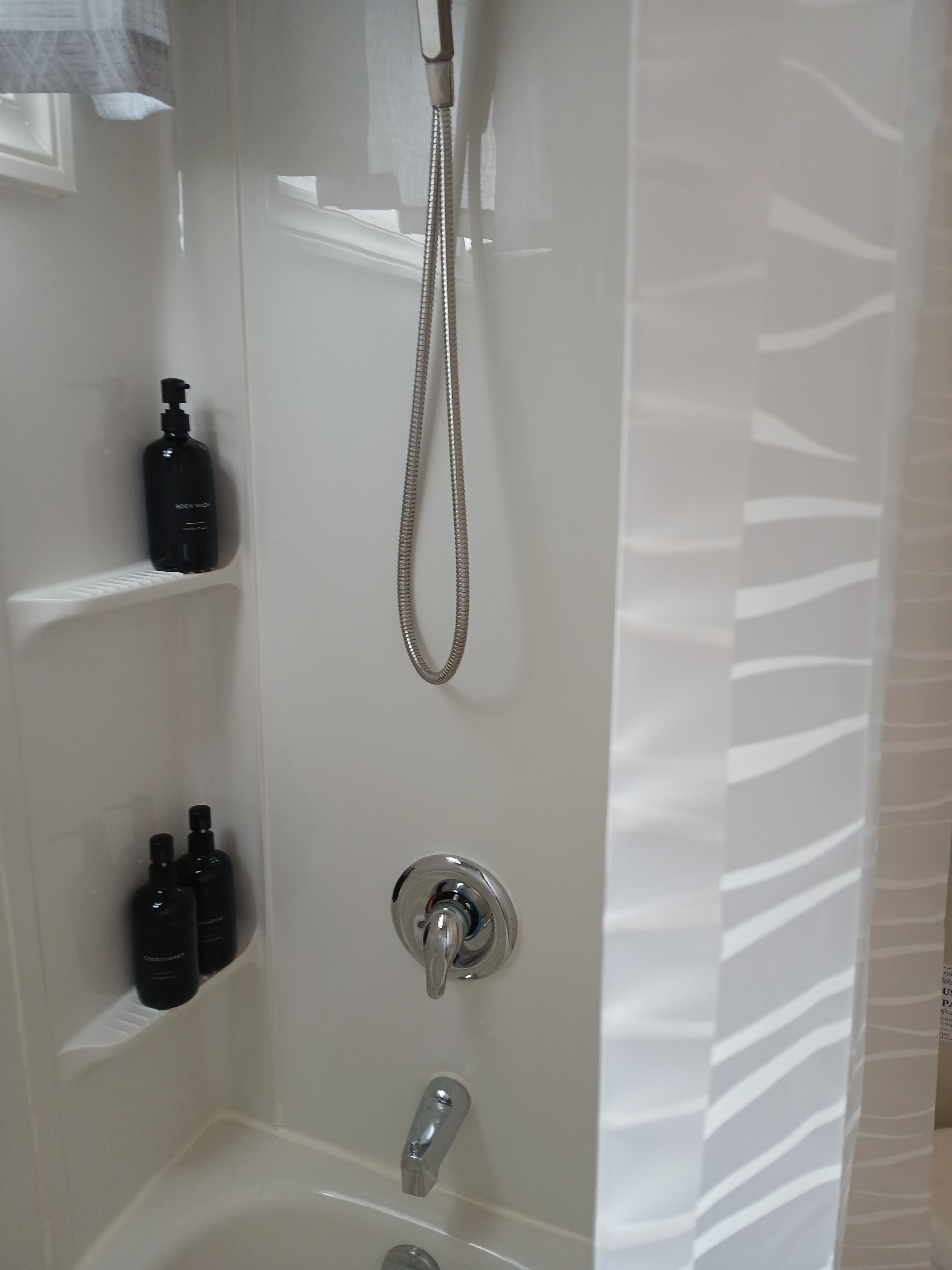 Hair dryer, towels, soap, shampoo