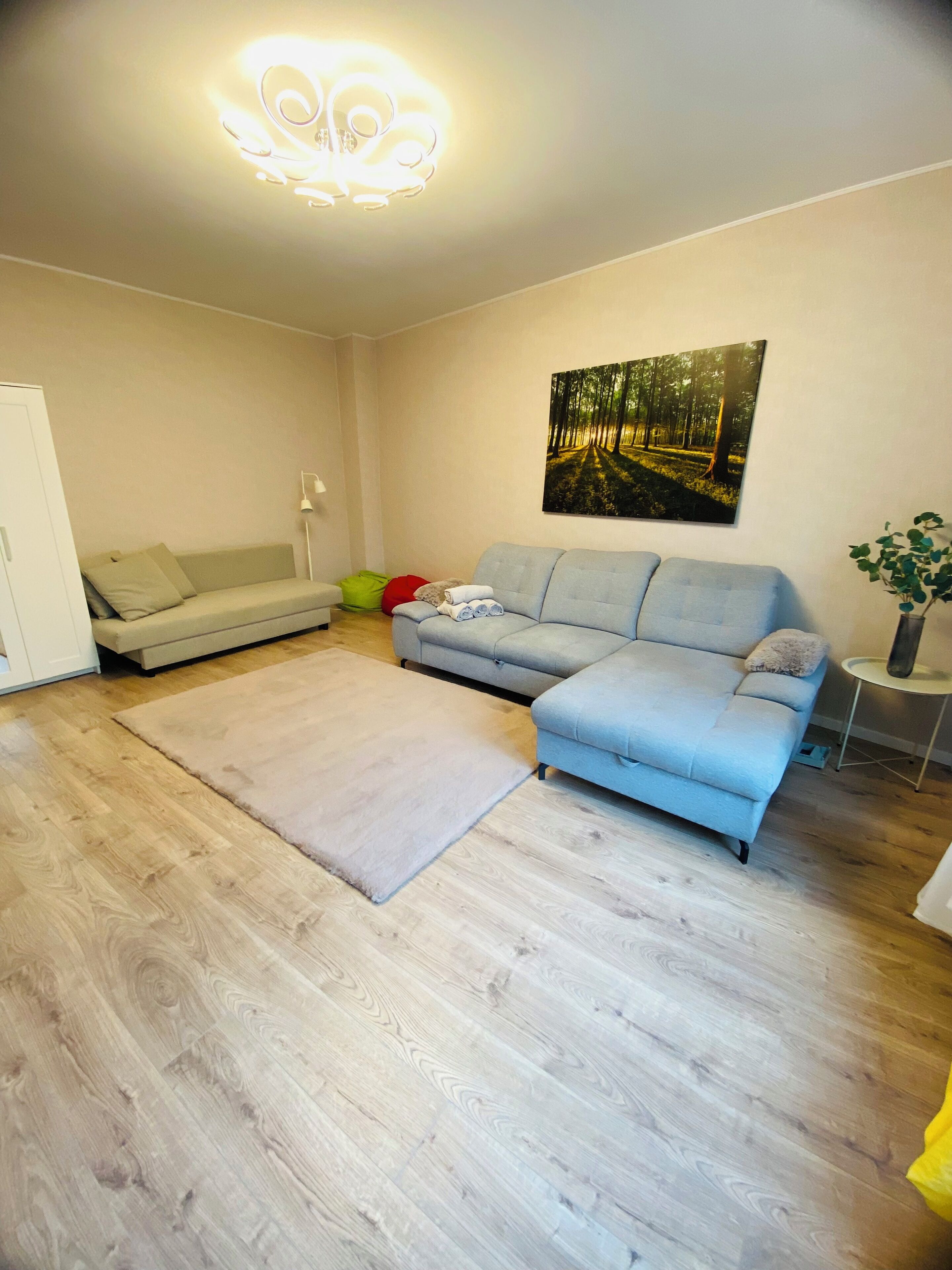 Een woonkamer met een lichtblauwe bank, een beigekleurig vloerkleed, een schilderij van een bos en een klein bijzettafeltje met een plant.