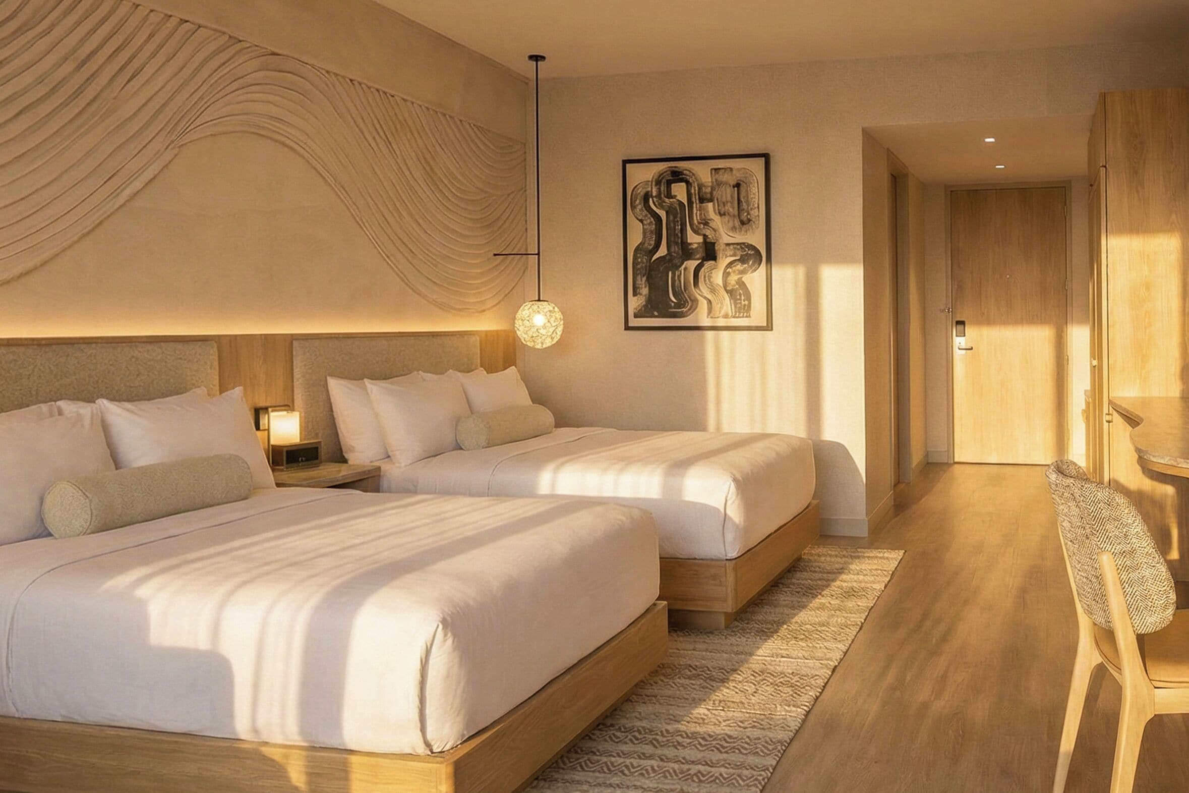A hotel room with two beds, a wooden floor, a wall-mounted artwork, and a small seating area.