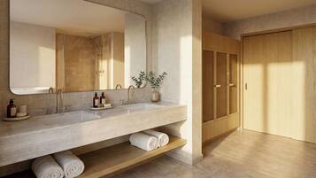 A modern bathroom with a large mirror, two sinks, a shower, and a wooden cabinet.