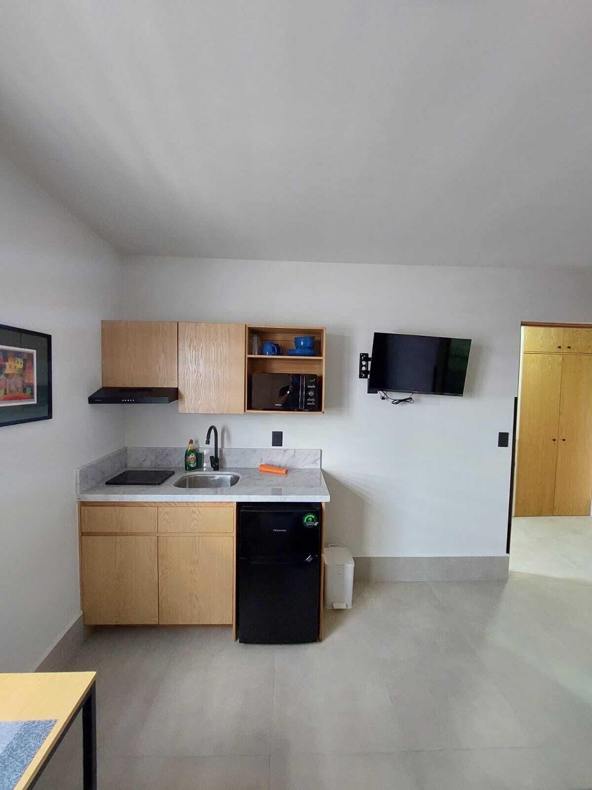 舒适开间, 1 张双人床 | 私人厨房 | 迷你冰箱、微波炉、炉灶、厨具/餐具