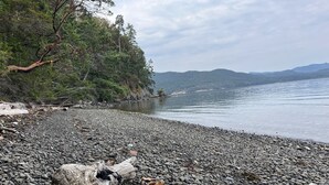 A pebbled beach with a fallen tree trunk, surrounded by dense forest and a calm lake. - Brand new spa resort style waterfront  executive home with luxury amenities (SALT SPRING ISLAND)