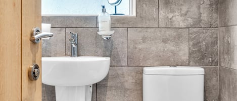 Hair dryer, towels, soap, toilet paper