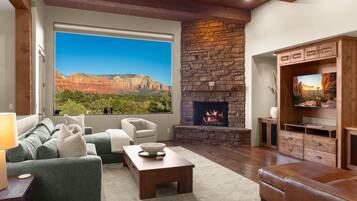 TV, fireplace, books