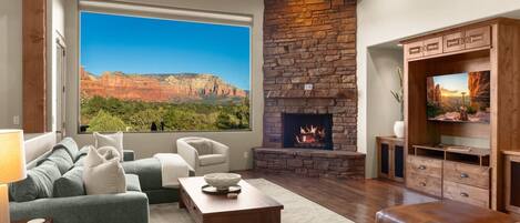 Télévision, cheminée, livres