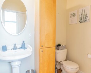 Hair dryer, towels, soap, toilet paper